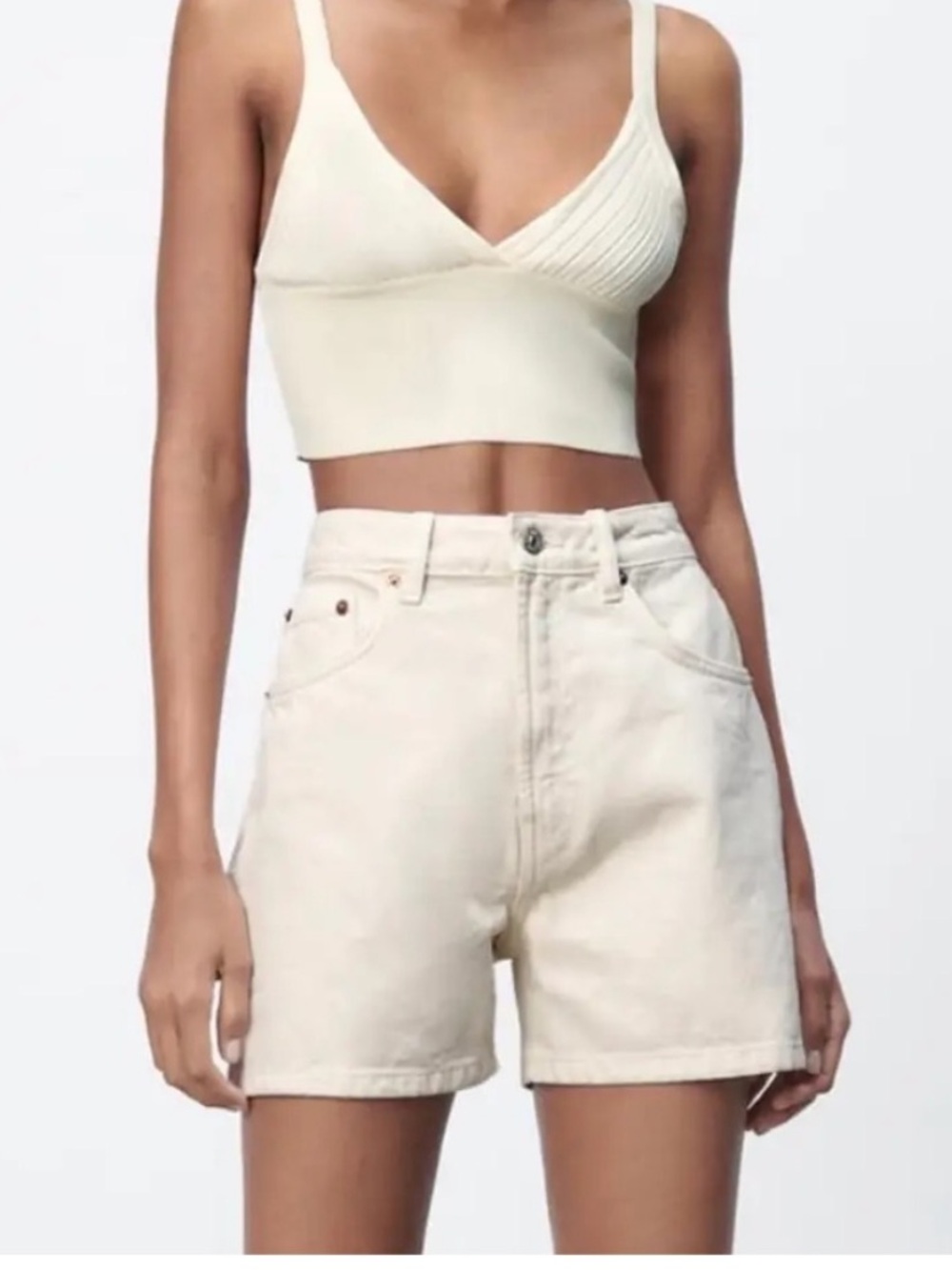 Zara Cream High-Rise Denim Shorts - Picture 1 of 7